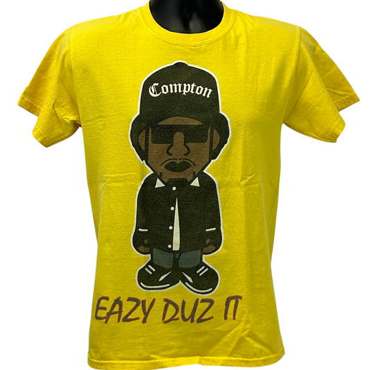 Yellow Eazy-E T-Shirt featuring a cartoon graphic and Compton logo on the front