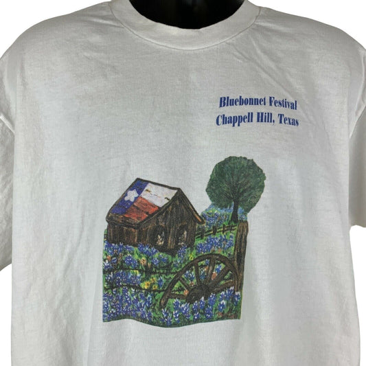 Camiseta vintage de los años 90 del festival Bluebonnet, talla extragrande, Chappell Hill, Texas, para hombre, color blanco