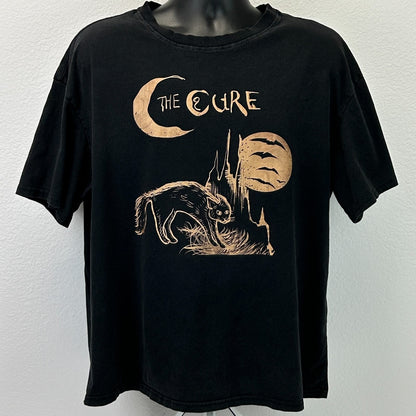 The Cure Cat T Shirt Rock Band Short Sleeve ROMWE Black Graphic Tee L Large