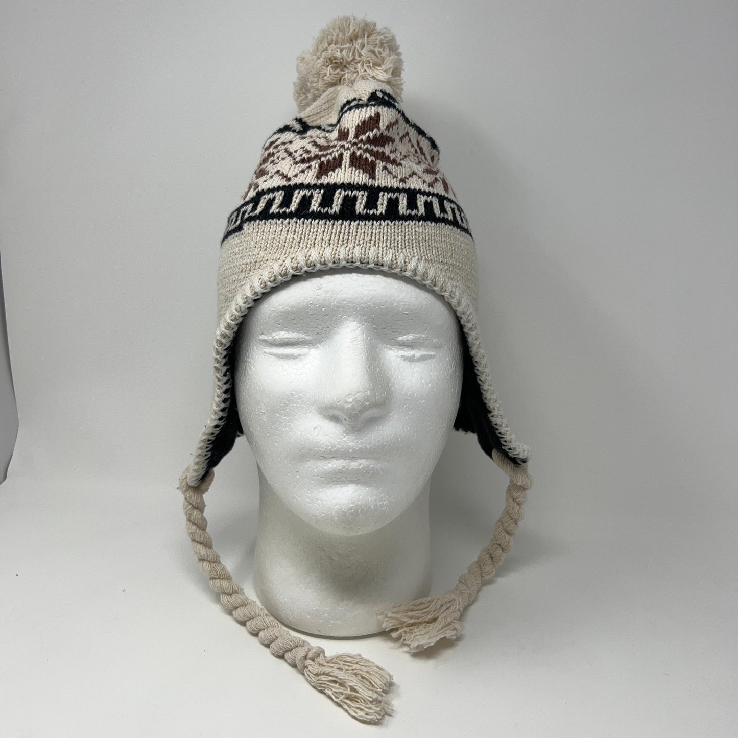 Beige Brown Ear Flap Winter Hat Beanie One Size Knit Pom Tassel Fleece Lined