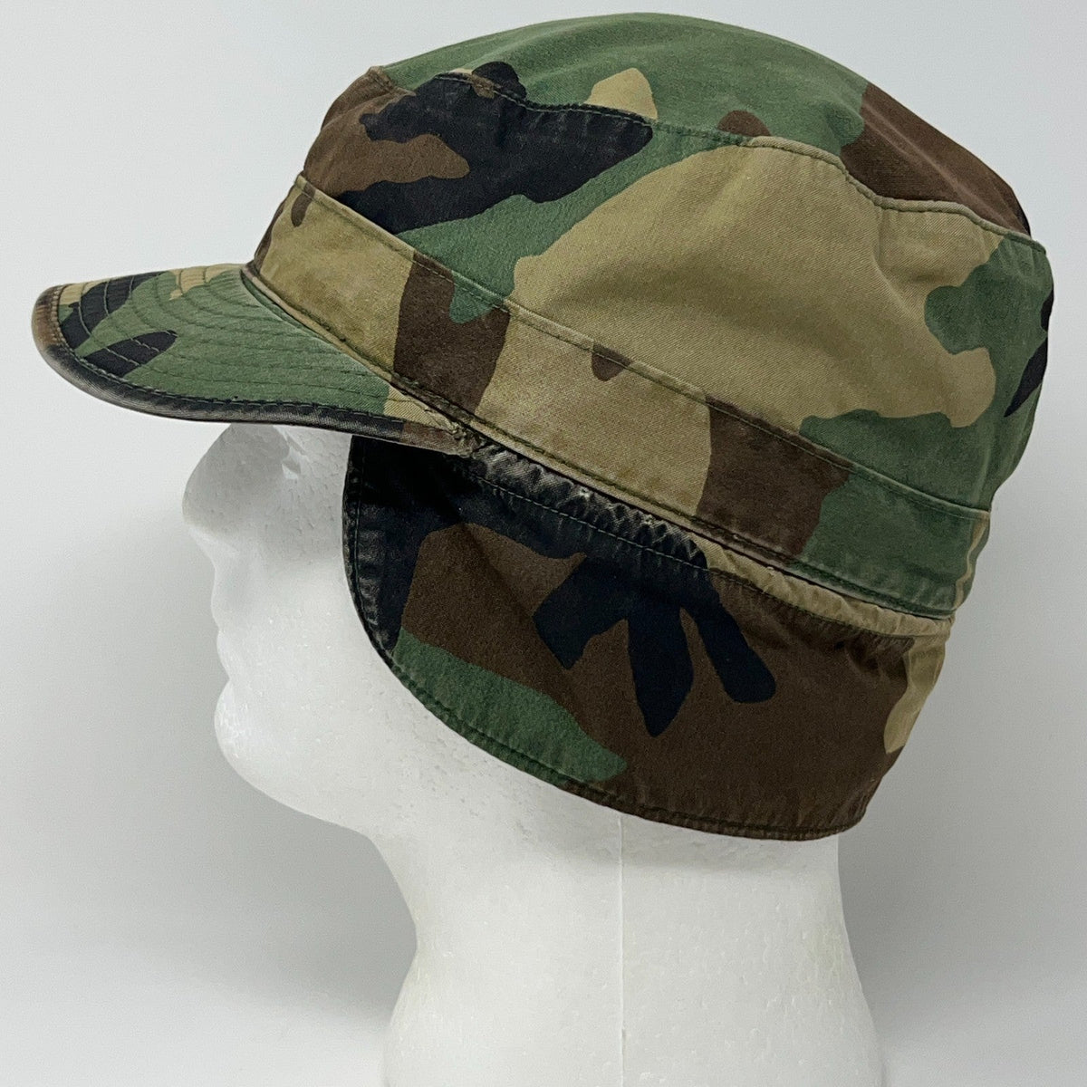 Vintage 80s US Army Woodland Camo Patrol Cap Ear Flaps BDU Military Hat 7 1/8