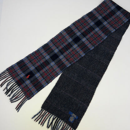 Polo Ralph Lauren Reversible Wool Scarf Gray Blue Red Plaid Pony Italy Made 8x64