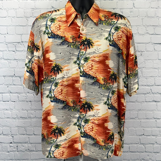 Vintage 90s Ringo Sport Hawaiian Button Front Shirt Gray Short Sleeve L Large