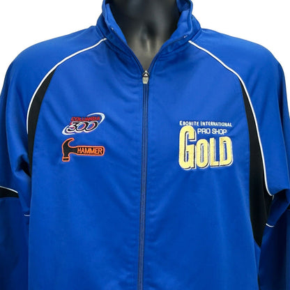 Front view of Ebonite blue jacket with logos from Hammer and Columbia 300, size medium