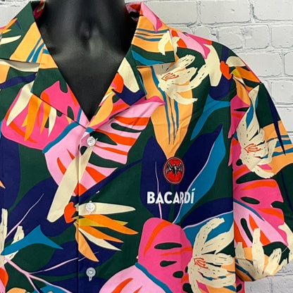 Bacardi Rum Hawaiian Camp Shirt Green Bat Logo Alcoholic Beverage Mens L Large