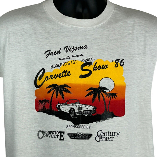 Camiseta Modesto Corvette Show Vintage 80s Camiseta grande Chevrolet California Hombre Blanca