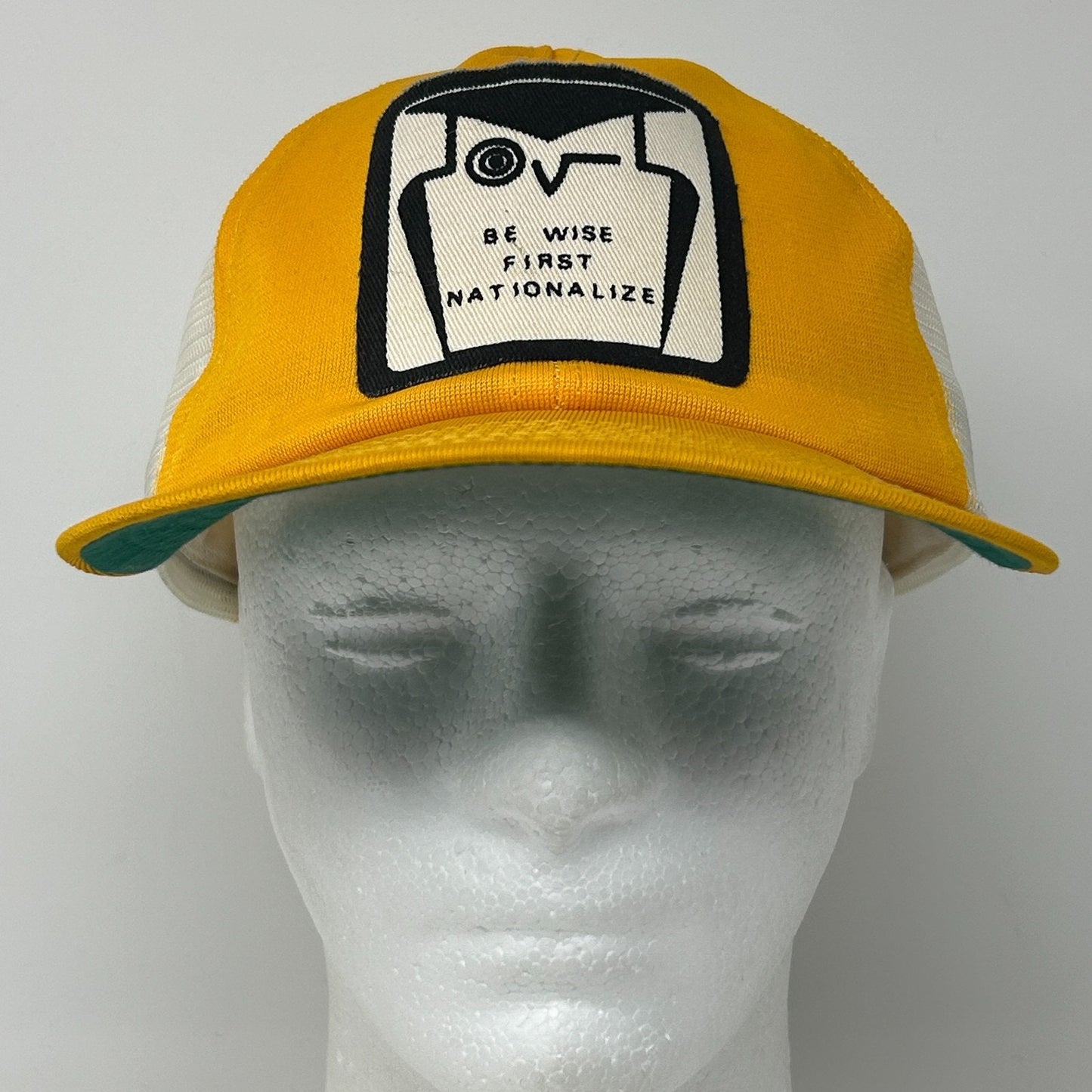 Vintage 70s First National Bank Trucker Hat Baseball Cap FNC Snapback Yellow