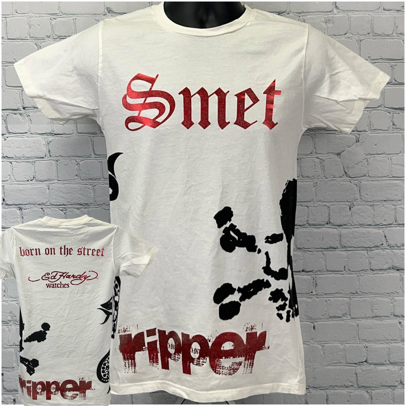 White Ed Hardy T Shirt featuring red 'Smet' text and graphics, front view, size medium, unique design elements