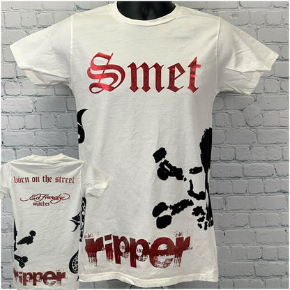 White Ed Hardy T Shirt featuring red 'Smet' text and graphics, front view, size medium, unique design elements