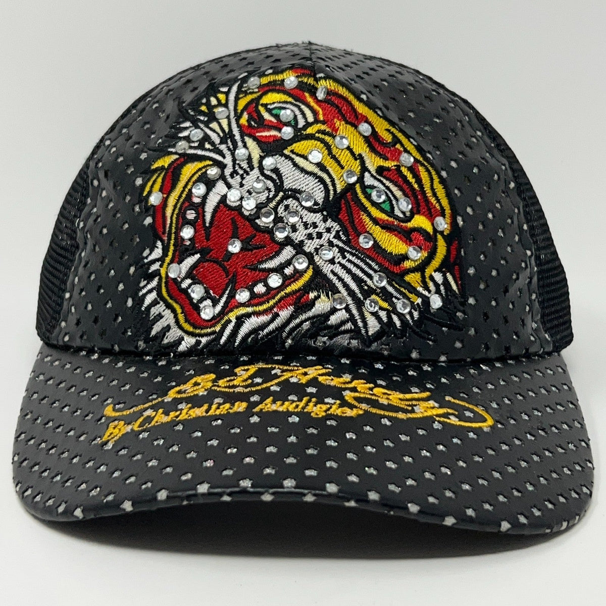 Ed Hardy black trucker hat featuring an embroidered tiger design with colorful accents