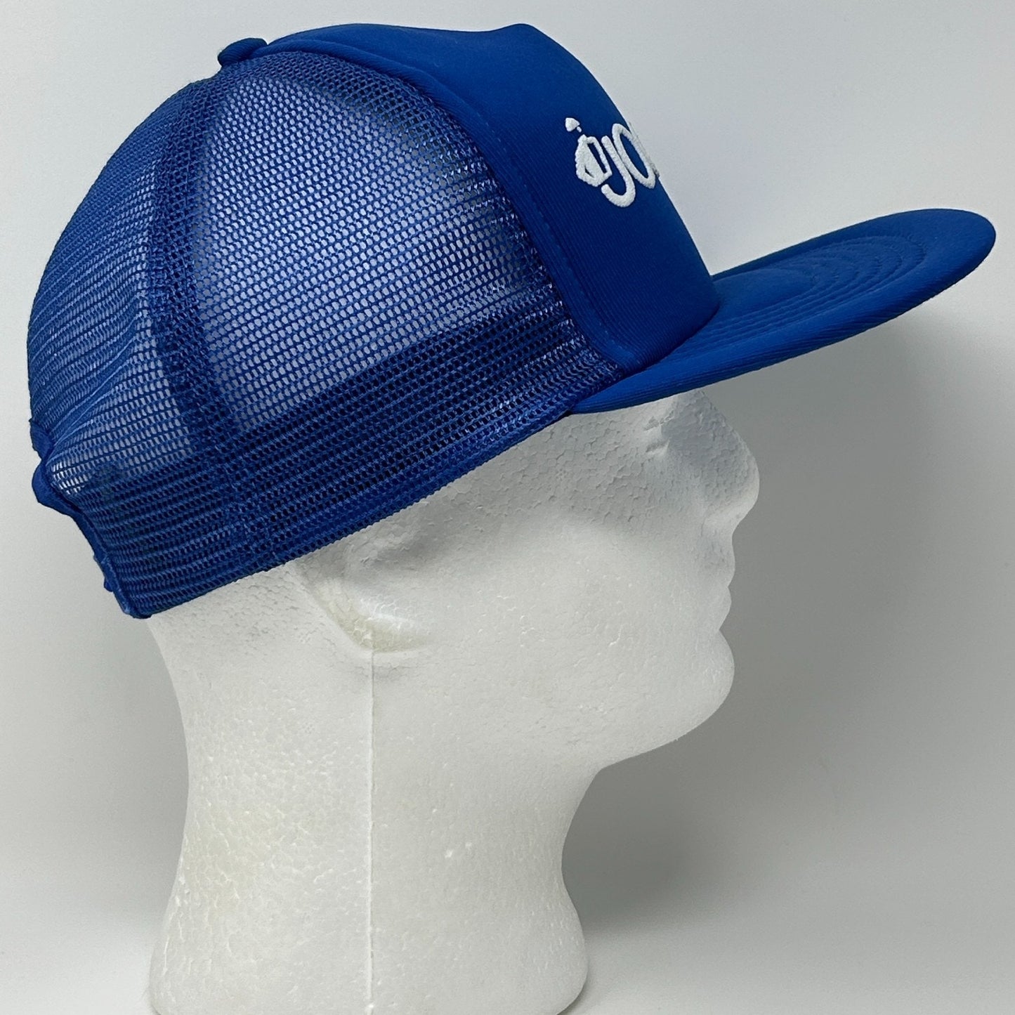 Vintage Jockey Brand Trucker Hat Cap Blue 80s Logo Mesh Snapback Foam Front