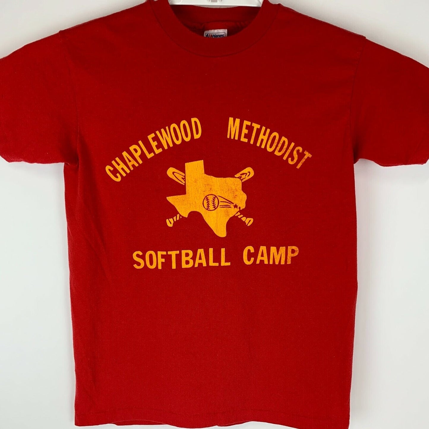 Camiseta vintage de campamento de softbol de Chapelwood Methodist, talla pequeña, para hombre, de Houston, Texas, color rojo