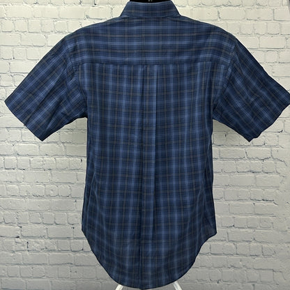 Arrow Wrinkle Free Button Front Shirt Blue Plaid Pocket Short Sleeve S Small - Neon Vintage