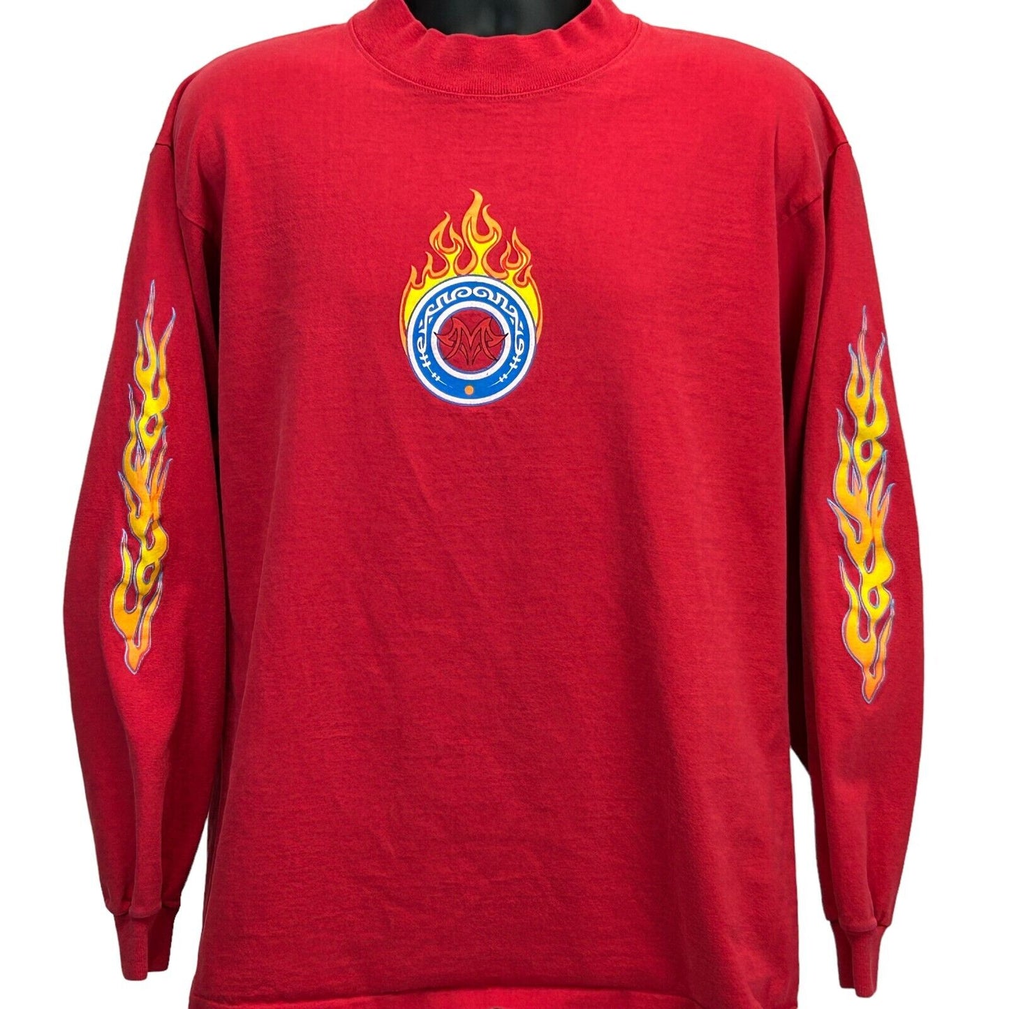 Fire Flames Vintage 90s T Shirt Streetwear Red Long Sleeve Made In USA Tee Large