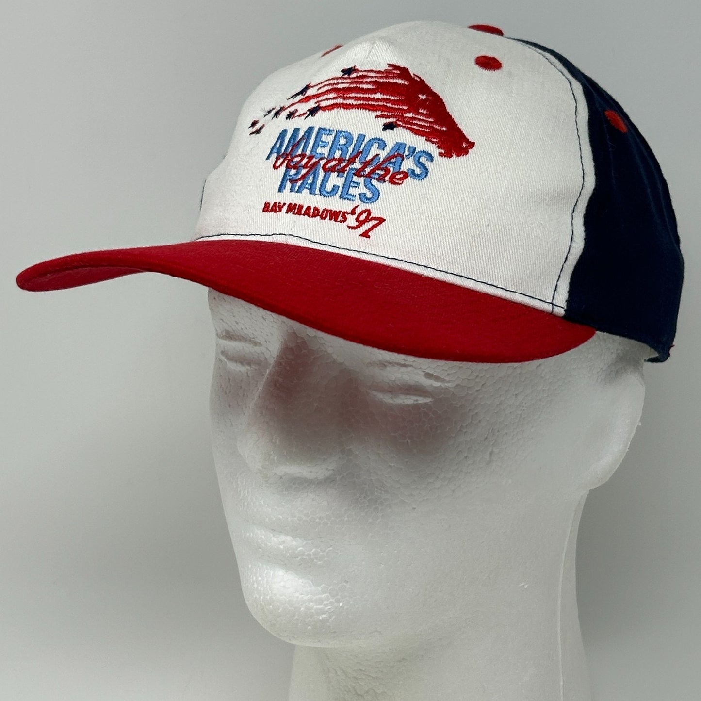 Vintage 90s Bay Meadows Racetrack Hat Baseball Cap Horse Racing Strapback Blue