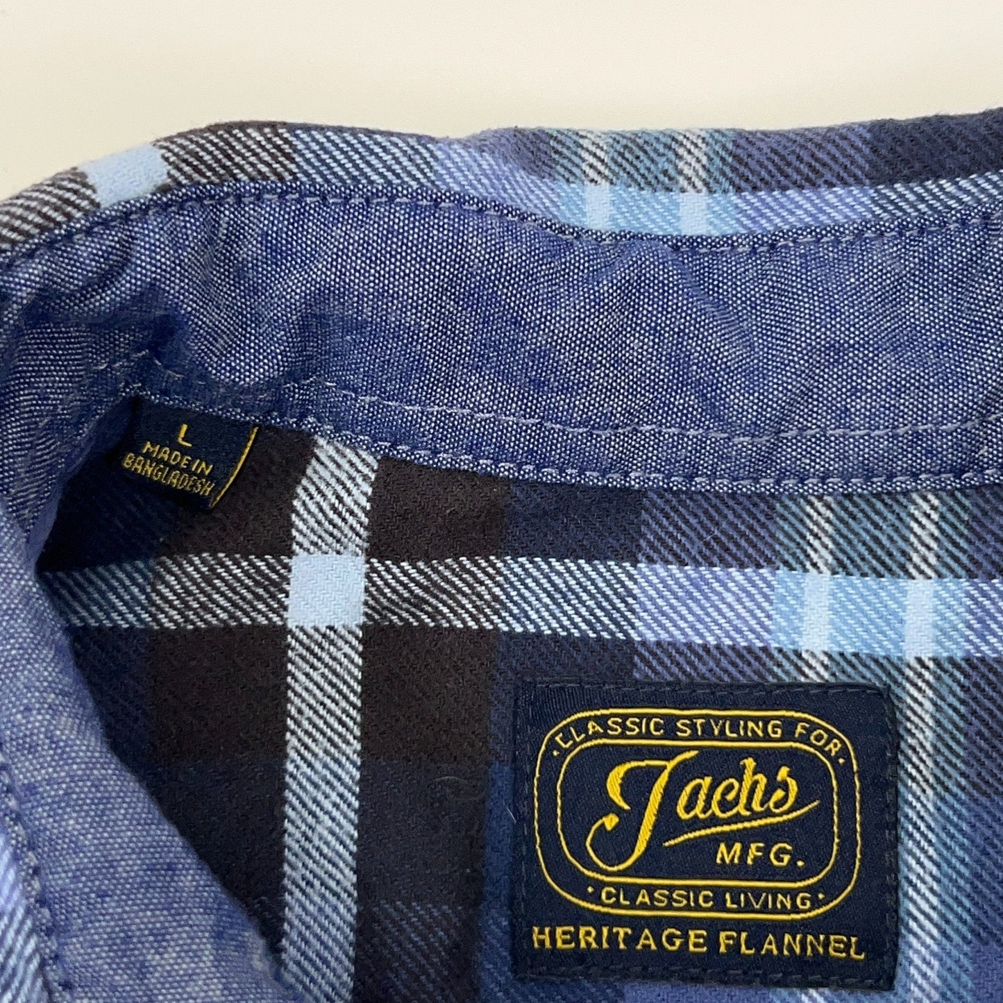 Jachs Mfg Heritage Flannel Button Front Shirt L Large Blue Plaid Pockets Cotton