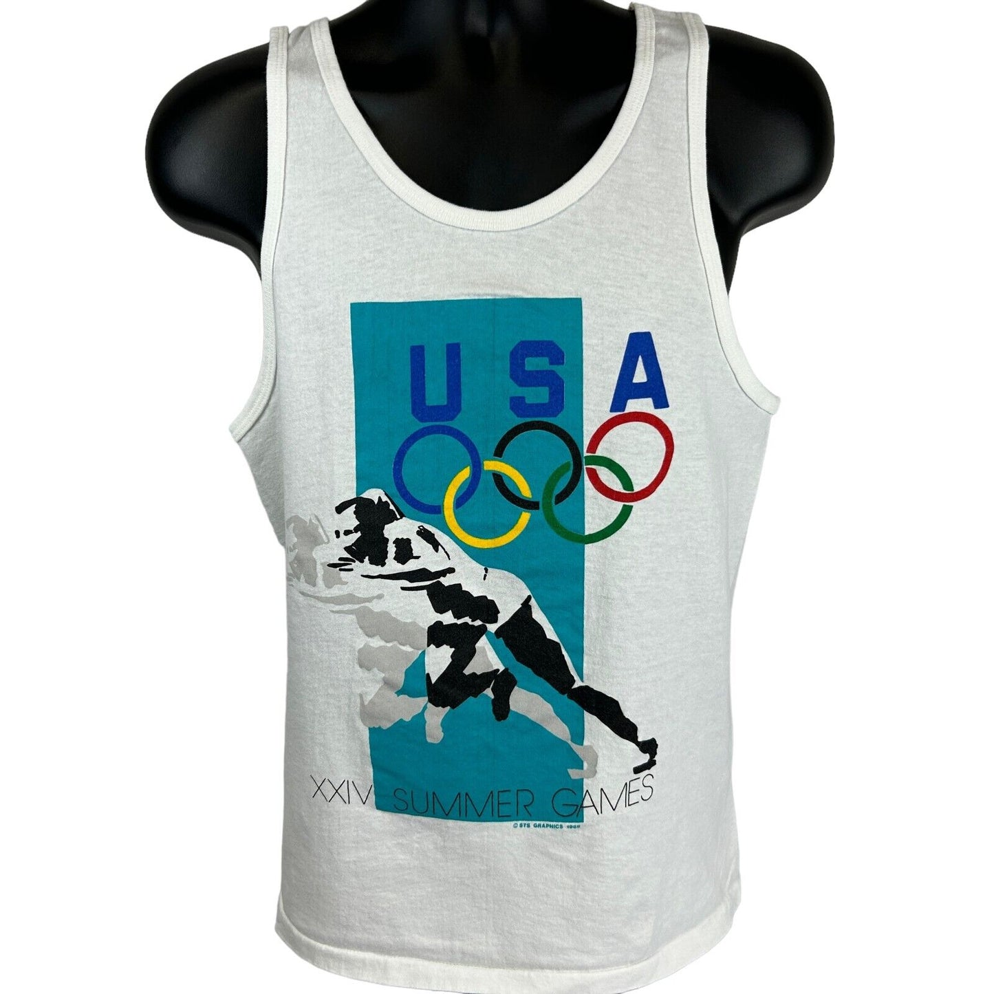 Summer Olympics Vintage 80s Tank Top T Shirt Small Olympiad USA Made Mens White