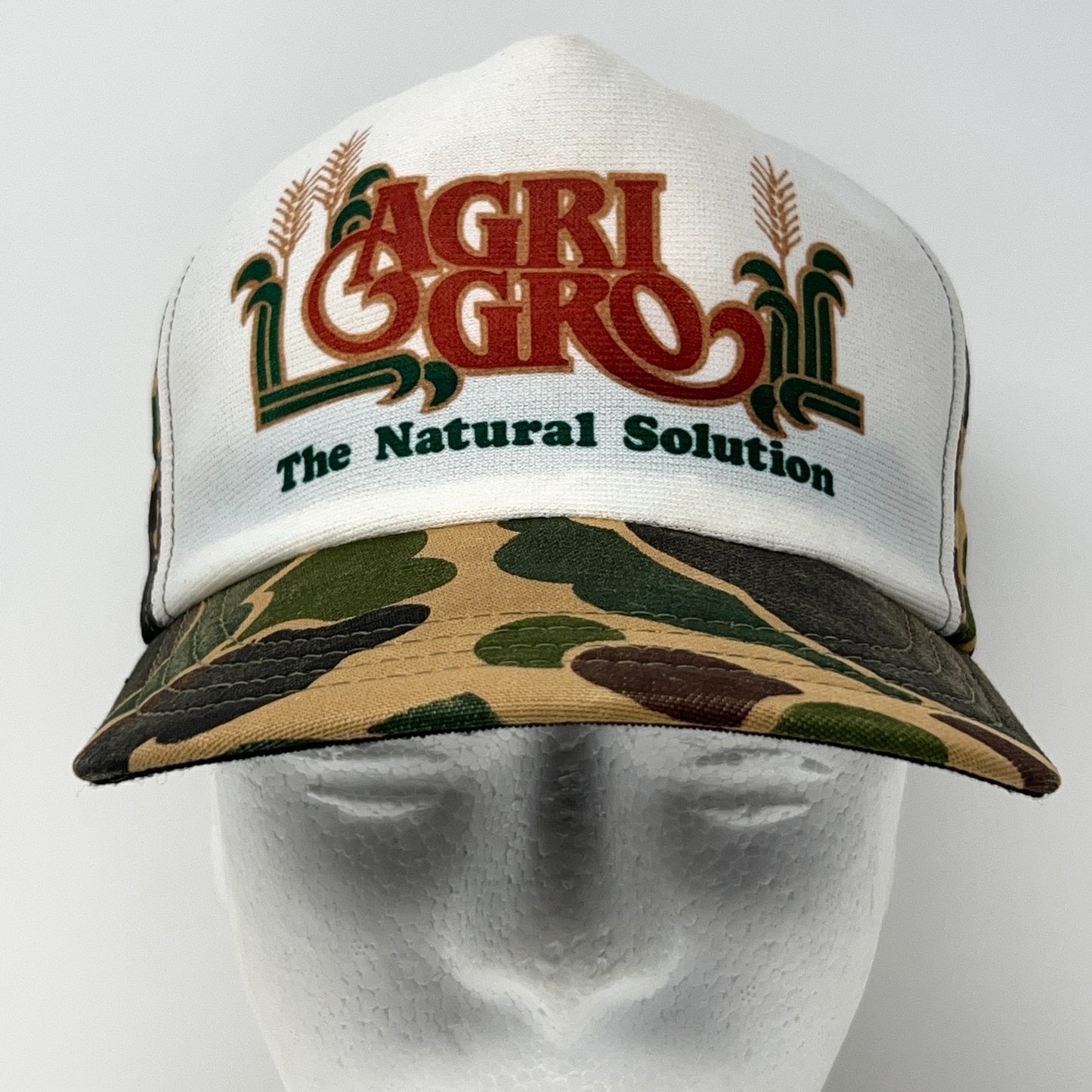 Vintage 80s AgriGro Trucker Hat Baseball Cap Farming Camouflage Snapback Beige
