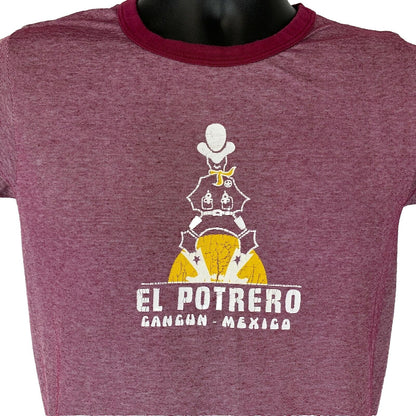 Vintage burgundy Cancun T-shirt with front graphic of a character and logo reading El Potrero