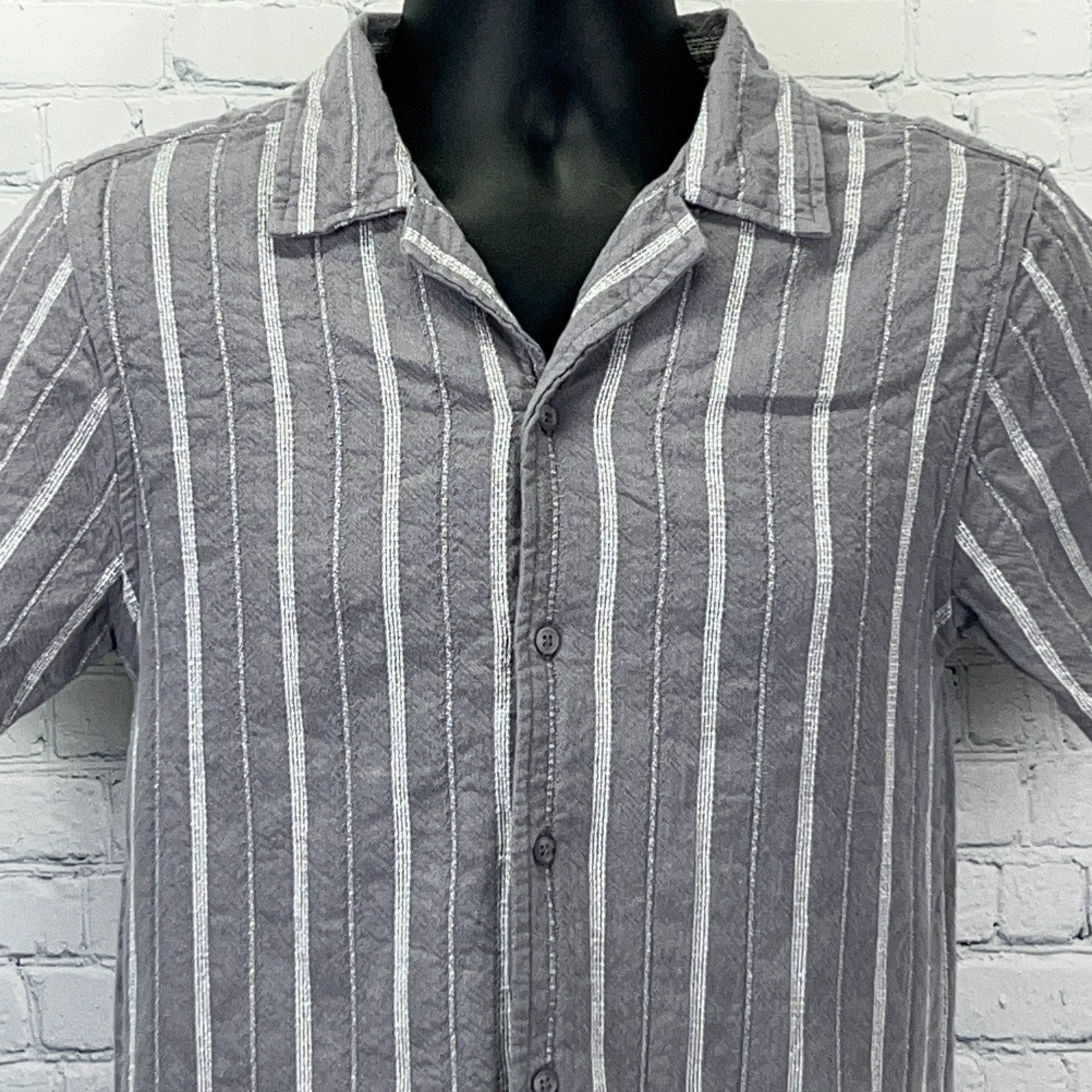 Element Skateboards Grey Striped Short Sleeve Button-Up Shirt with a Relaxed Fit and Classic Collar