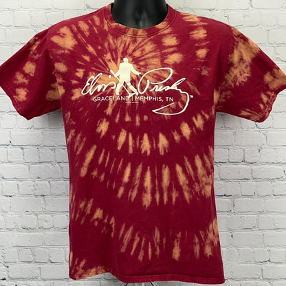 Red and yellow tie-dye t-shirt featuring Elvis Presley logo from Graceland, Memphis, TN, front view.