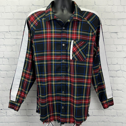 Elwood plaid button-up shirt in black, red, and blue with a chest pocket and unique side stripes