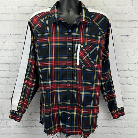 Elwood plaid button-up shirt in black, red, and blue with a chest pocket and unique side stripes
