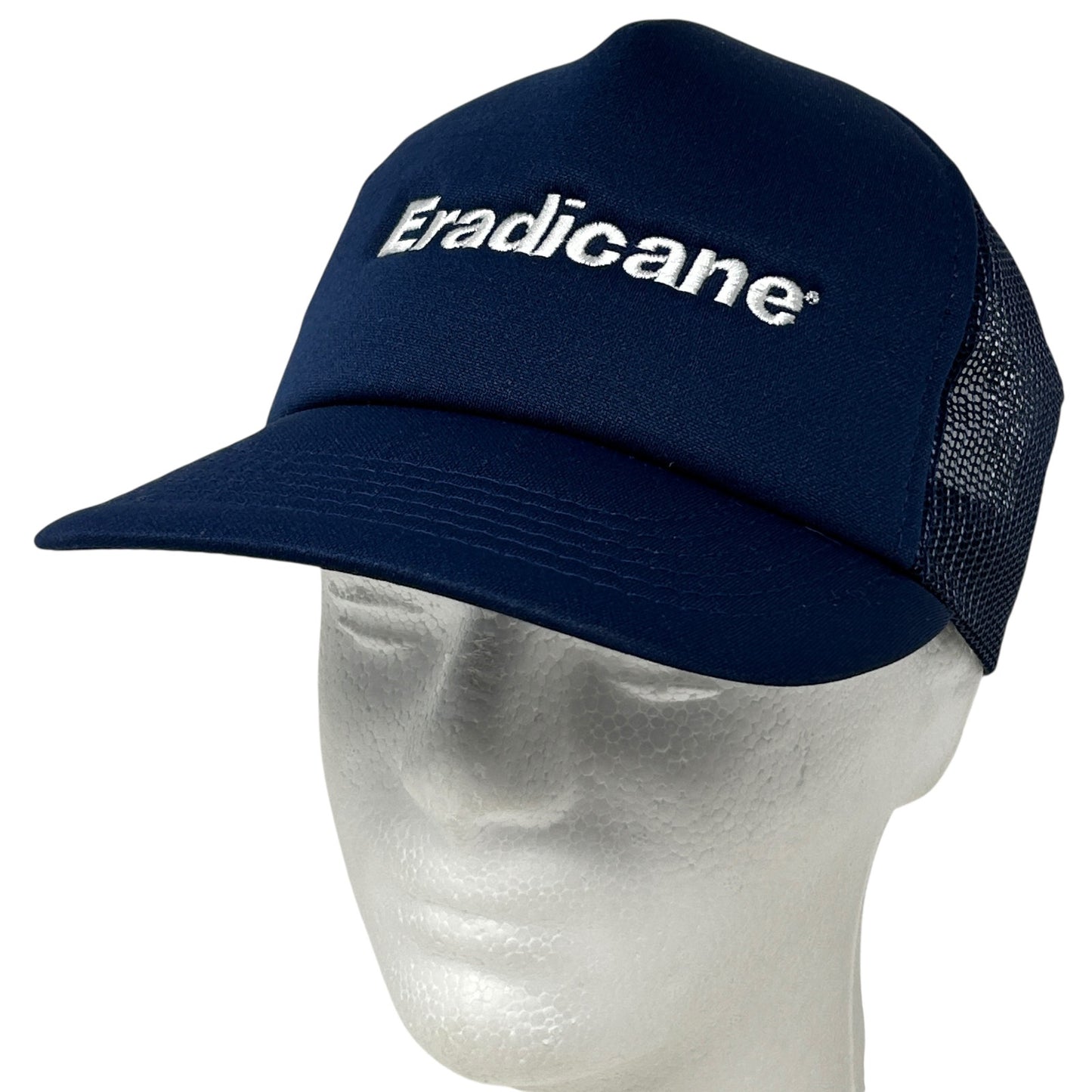 Vintage navy blue Farmer hat with mesh back and Eradicane logo on front for outdoor enthusiasts