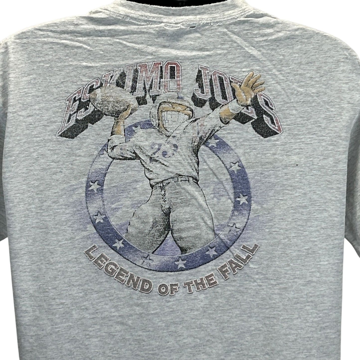 Gray Anvil T-Shirt featuring Eskimo Joes graphic on back, size large, depicting a football player