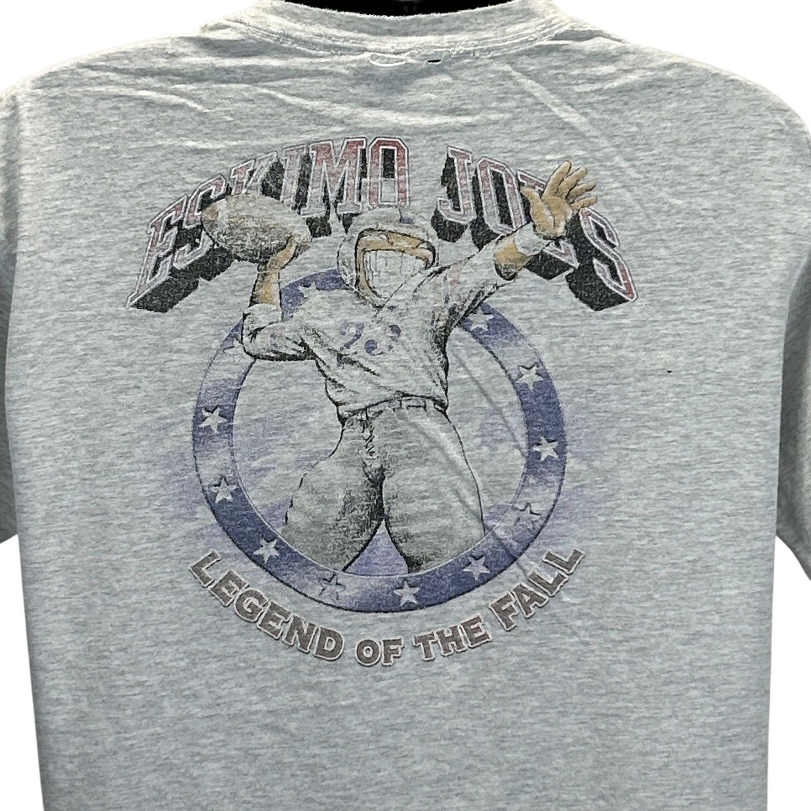 Gray Anvil T-Shirt featuring Eskimo Joes graphic on back, size large, depicting a football player