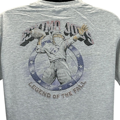 Gray Anvil T-Shirt featuring Eskimo Joes graphic on back, size large, depicting a football player