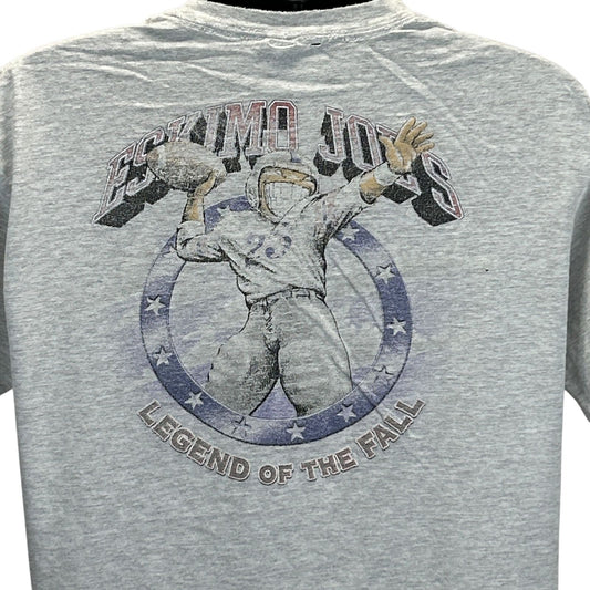 Gray Anvil T-Shirt featuring Eskimo Joes graphic on back, size large, depicting a football player