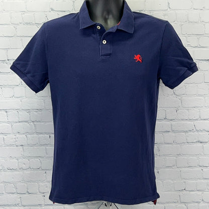 Express navy blue polo shirt in size small featuring a red lion logo on the chest
