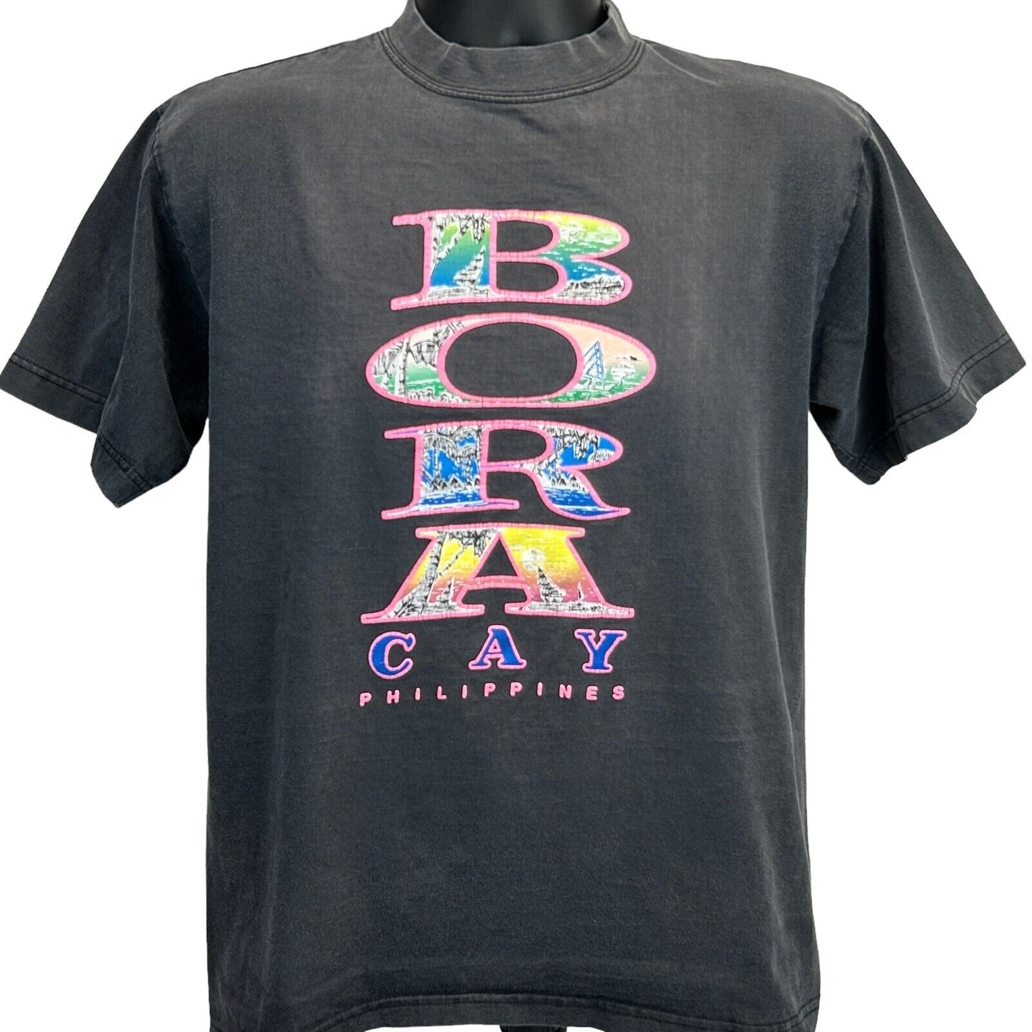 Vintage Boracay Philippines T Shirt Mens Medium Black Travel Tourist Tourism 90s