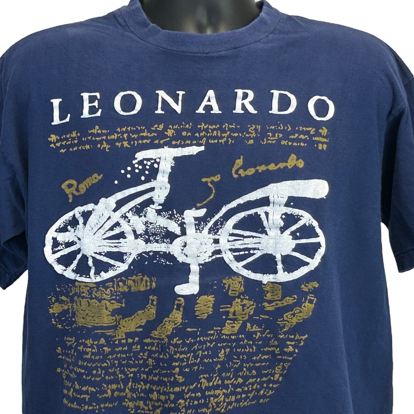 Camiseta vintage de Leonardo Da Vinci con diseño de bicicleta, talla mediana, años 80 y 90, para hombre, color azul