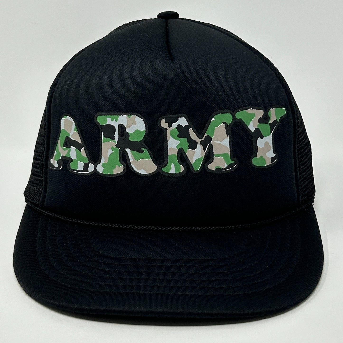 Vintage US Army Trucker Hat Cap Black 80s Camouflage Military Mesh Snapback