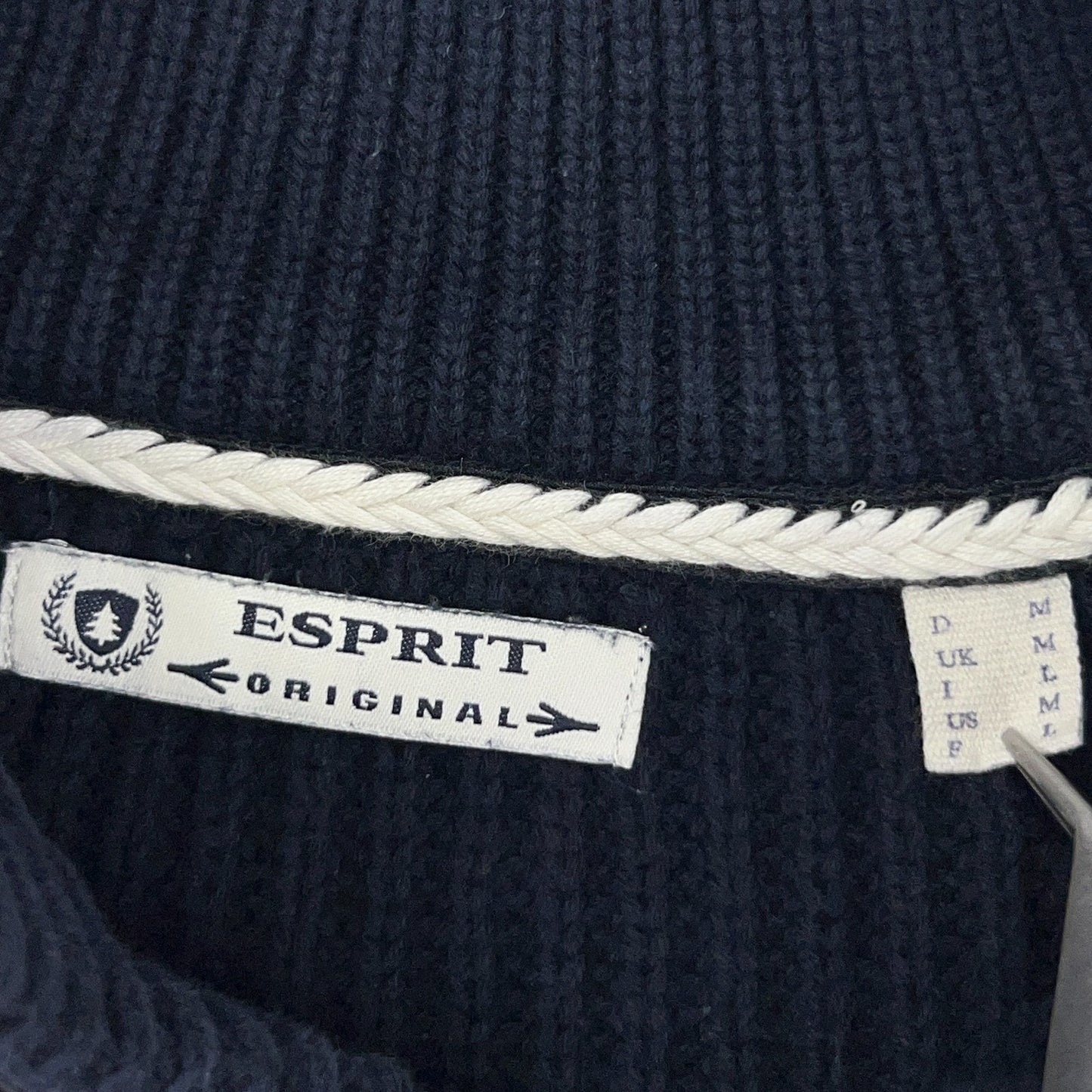Esprit Original Cotton Rib Knit Sweater Mens M Medium Navy Blue Button Mock Neck