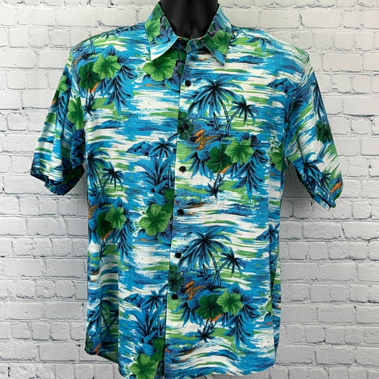 Vintage 90s Bruno Hawaiian Button Front Shirt Blue Beach Short Sleeve M Medium