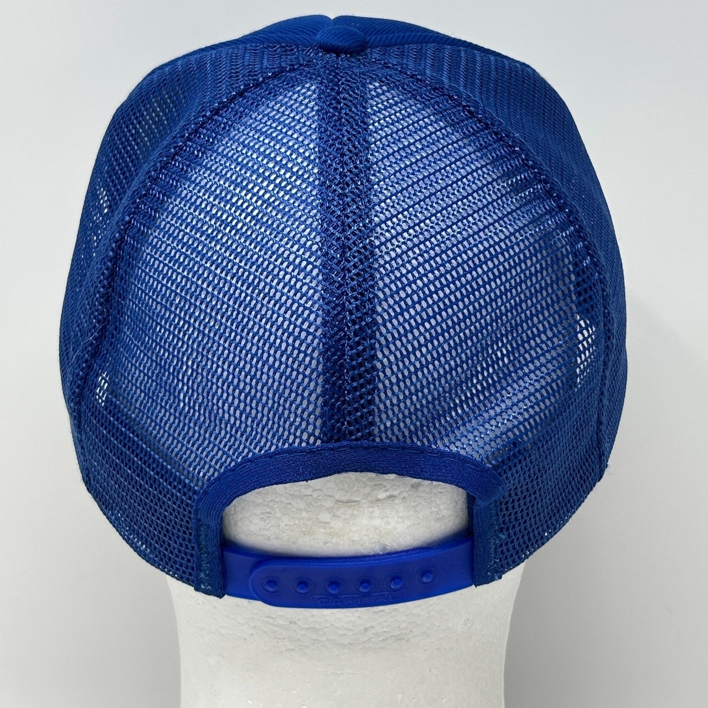 Vintage Jockey Brand Trucker Hat Cap Blue 80s Logo Mesh Snapback Foam Front