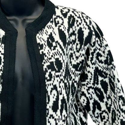 Lampl Vintage 60s Womens Open Front Cardigan Sweater Black White Floral