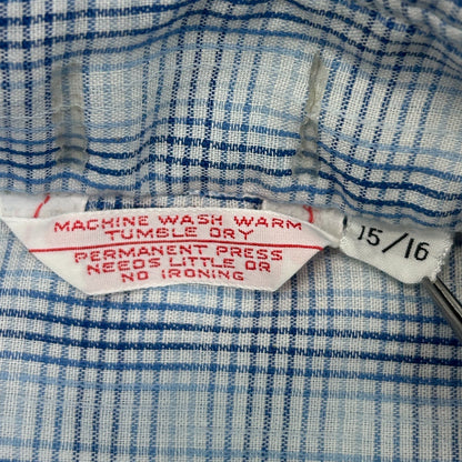 Vintage 70s 80s Button Front Shirt Big Collar Button Up Plaid Blue S Small