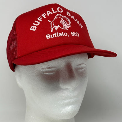 Vintage 80s Buffalo Bank Trucker Hat Baseball Cap Missouri Mesh Snapback Red