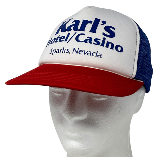 Vintage 80s Karl's Hotel Casino Trucker Hat Cap Blue Sparks Nevada Mesh Snapback
