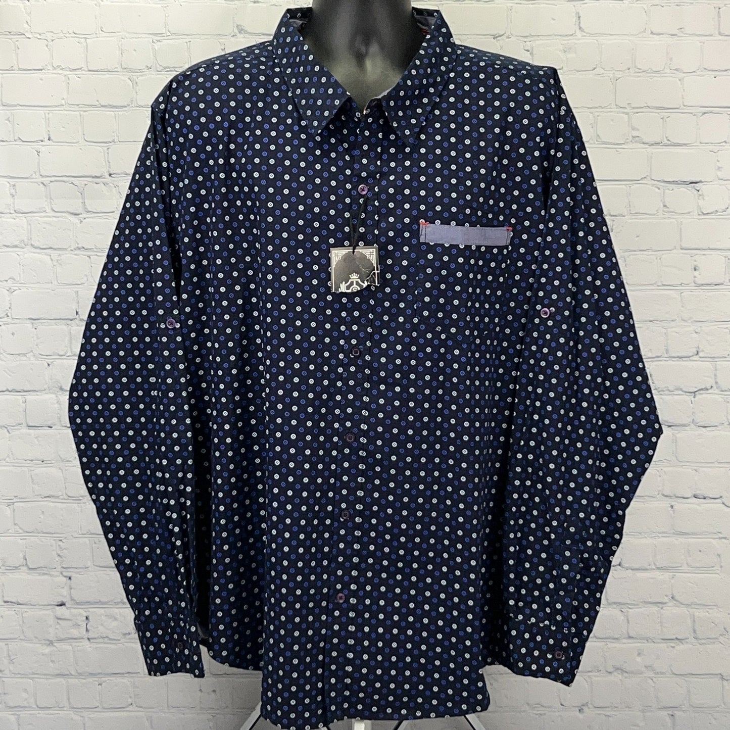 Silver Stone Shirt 3X 3XL Navy Blue Dot Pattern Button Front Roll Tab Sleeves