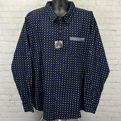 Silver Stone Shirt 3X 3XL Navy Blue Dot Pattern Button Front Roll Tab Sleeves