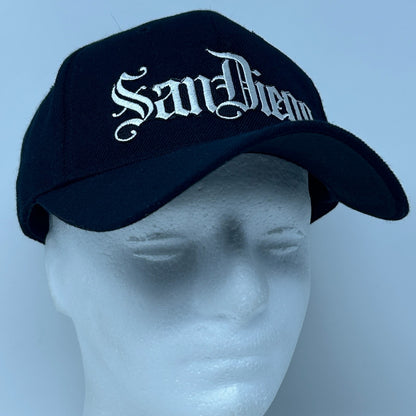 San Diego California Hat Baseball Cap Script 6 Panel Wool Blend Strapback Black