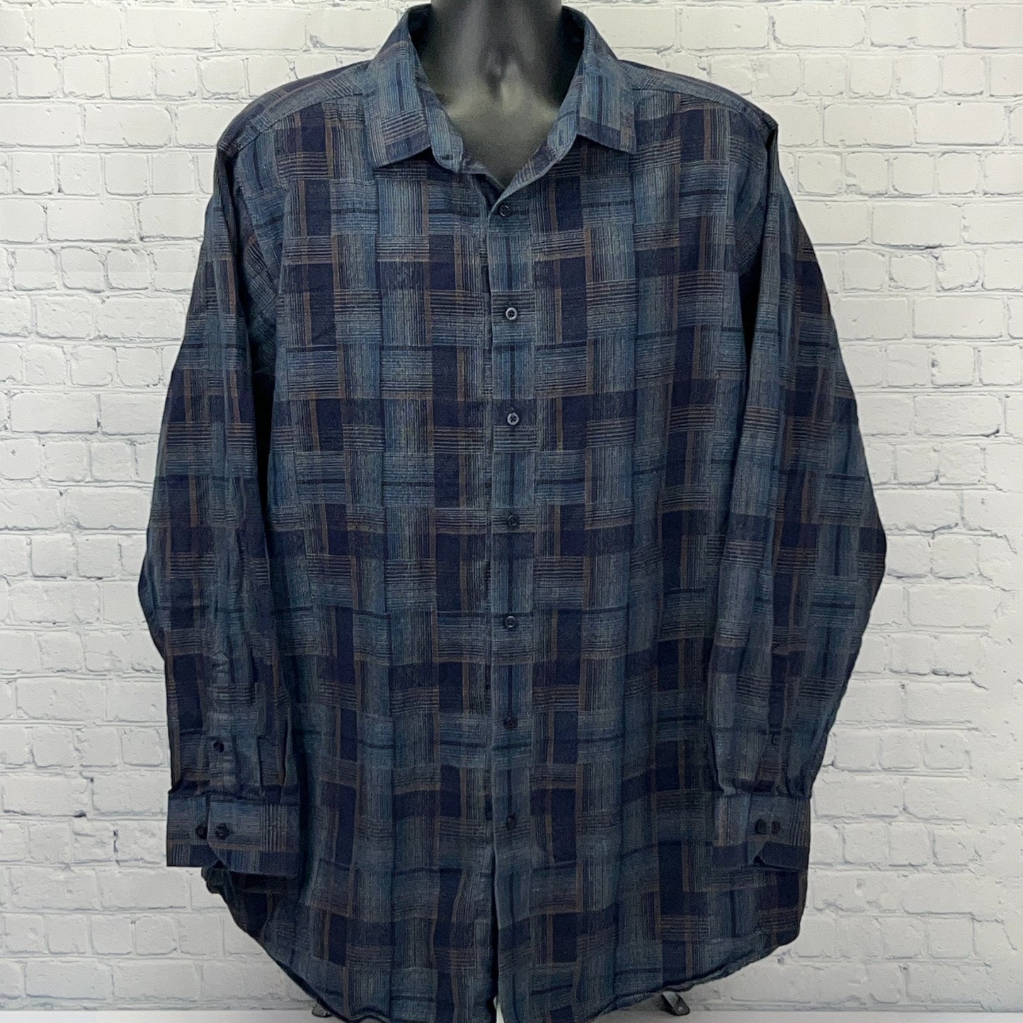 Hart Schaffner Marx Shirt 3XT 3XLT XXXL Tall Blue Plaid Long Sleeve Button Front