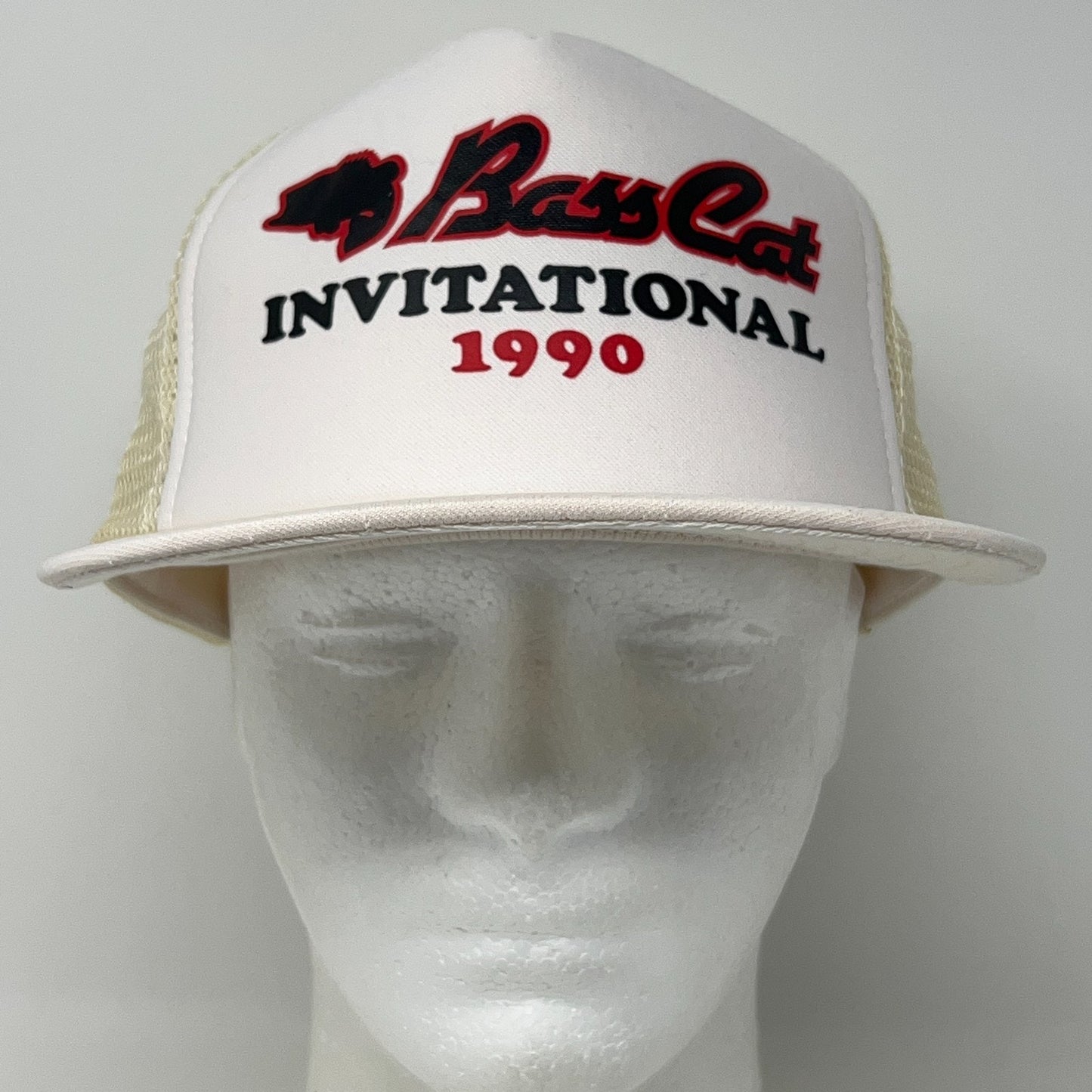 Vintage 80s Bass Cat 1990 Invitational Trucker Hat Baseball Cap Snapback White