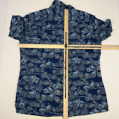Harley Davidson Motorcycles Button Front Hawaiian Camp Shirt M Medium Blue Biker