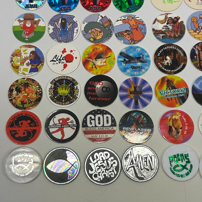 Vintage 90s Lot of 163 Christian Milk Caps Pieces Pogs Slammers Mats Jesus Bible